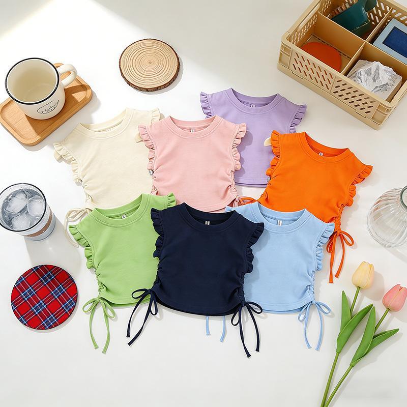 [RJ] 90-140CM Girls Small Flying Sleeve Top Summer Short Style Solid Color All-Match Western Style Baby Cute Childrens Clothing Drawstring Dopamine T-Shirt