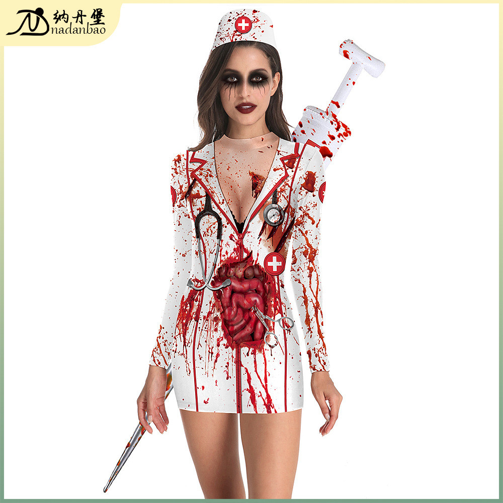 Ebay ขายร้อน wish เสื้อผ้าผู้หญิงยุโรปอเมริกันฮาโลวีนพยาบาล Zombie รอบคอ Slim-fit ชุดแขนยาวผู้หญิง