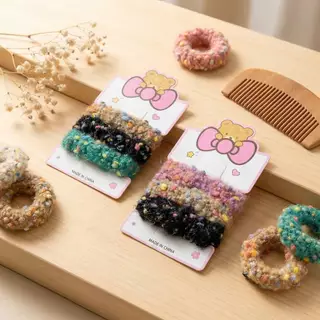 S0224 ยางรัดผม แพ็ค 3ชิ้น/แผง ยางมัดผมขนฟู ลายจุด Polka dot สไตล์เกาหลี น่ารักมาก ผูกผม