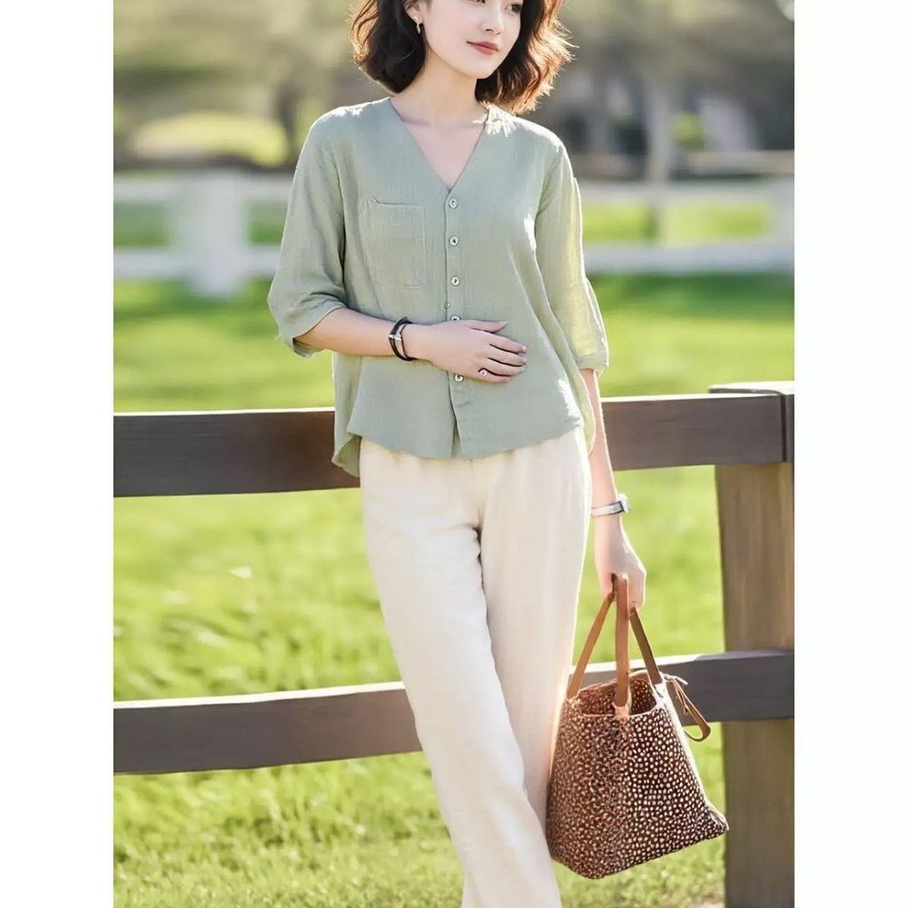 ฤดูร้อนเนื้อแฟชั่น Burst-Sleeved Top แฟชั่น Five Points 2025cod ผู้หญิง Belly Look เสื้อสไตล์ v เสื้