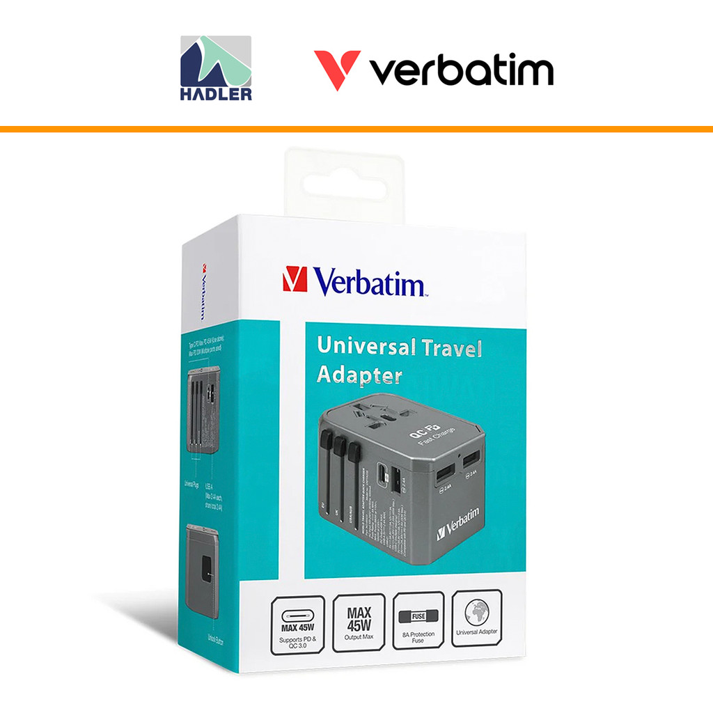 Verbatim 45W Universal Travel Adapter 4 พอร์ต USB รวม USB-C [ปลั๊ก EU/UK/US/AU]