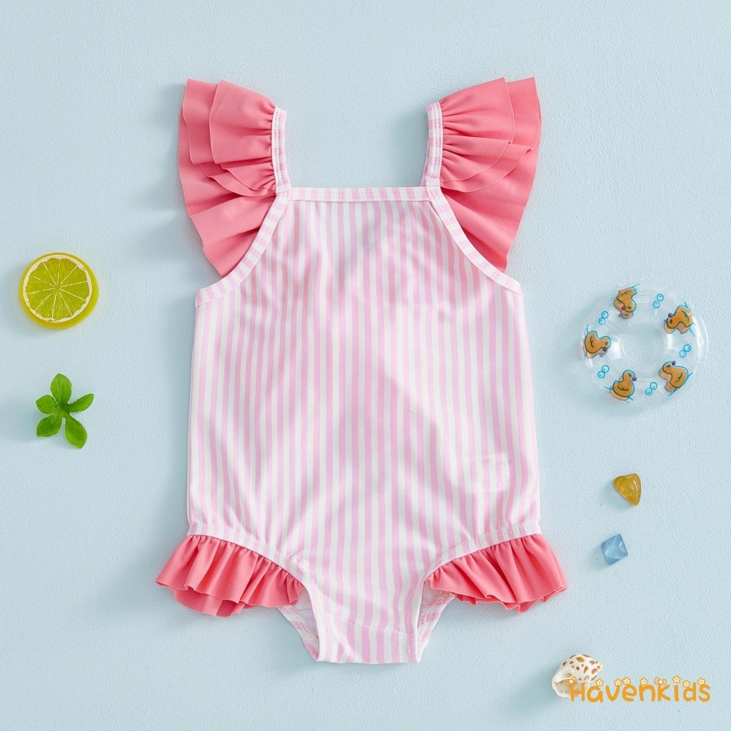 ชุดว่ายน้ำToddlerหญิง ดีไซน์พรินต์แขนบินและคอเหลี่ยม สไตล์เก๋สำหรับเด็กเล็ก ราคา ถูกที่สุด ดีลบีเคเค แกลเลอรีภาพที่ 2