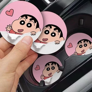 🚗 EAZIOR แผ่นรองช่องวางแก้วรถยนต์ลาย Crayon Shin-chan 2 ชิ้น หนัง PU กันน้ำ กันลื่น เช็ดทำความสะอาดง่าย ขนาด 7.1 ซม. ของแต่งรถการ์ตูนน่ารัก
