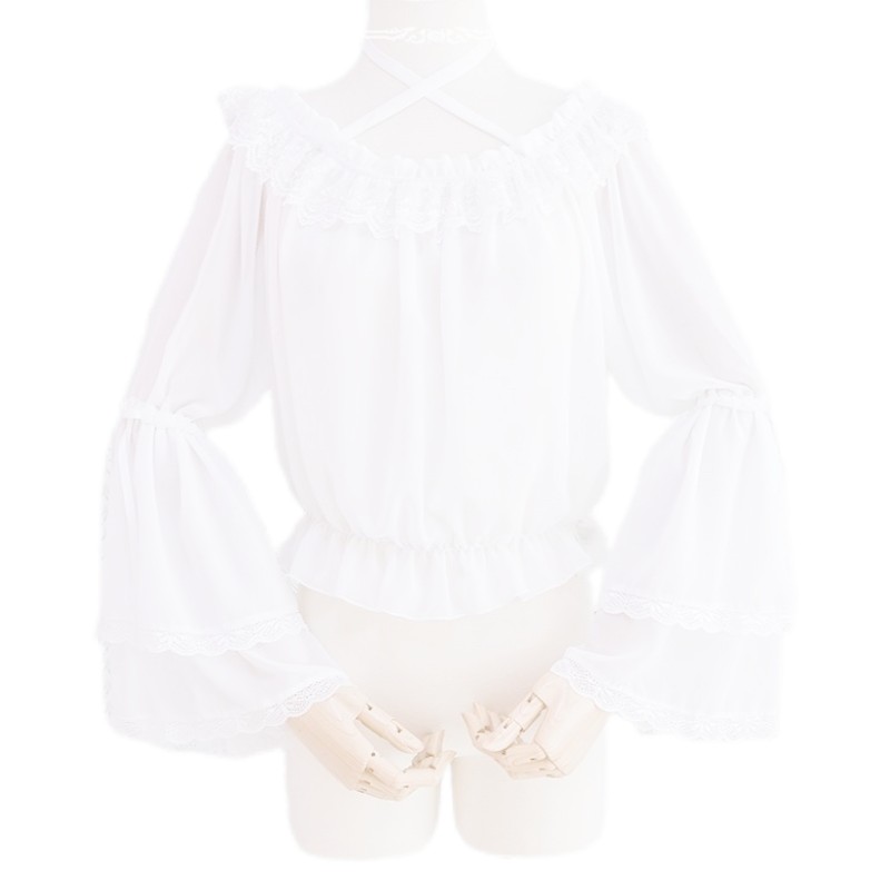 [คลังสินค้าพร้อม] lolita Daily Dress เสื้อ Bottoming ชีฟองแขนยาวด้านบน lolita ด้านในน่ารักคอแบนแขวน#
