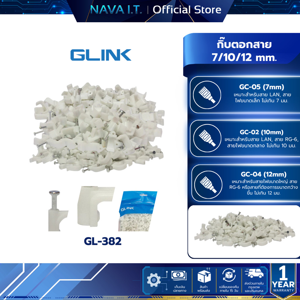 GLINK รวมกิ๊บตอกสาย GC-02/GC-04/GC-05 WHITE LAN Power RG6 7/10/12MM แพ็ค 1000 ชิ้น สีขาว