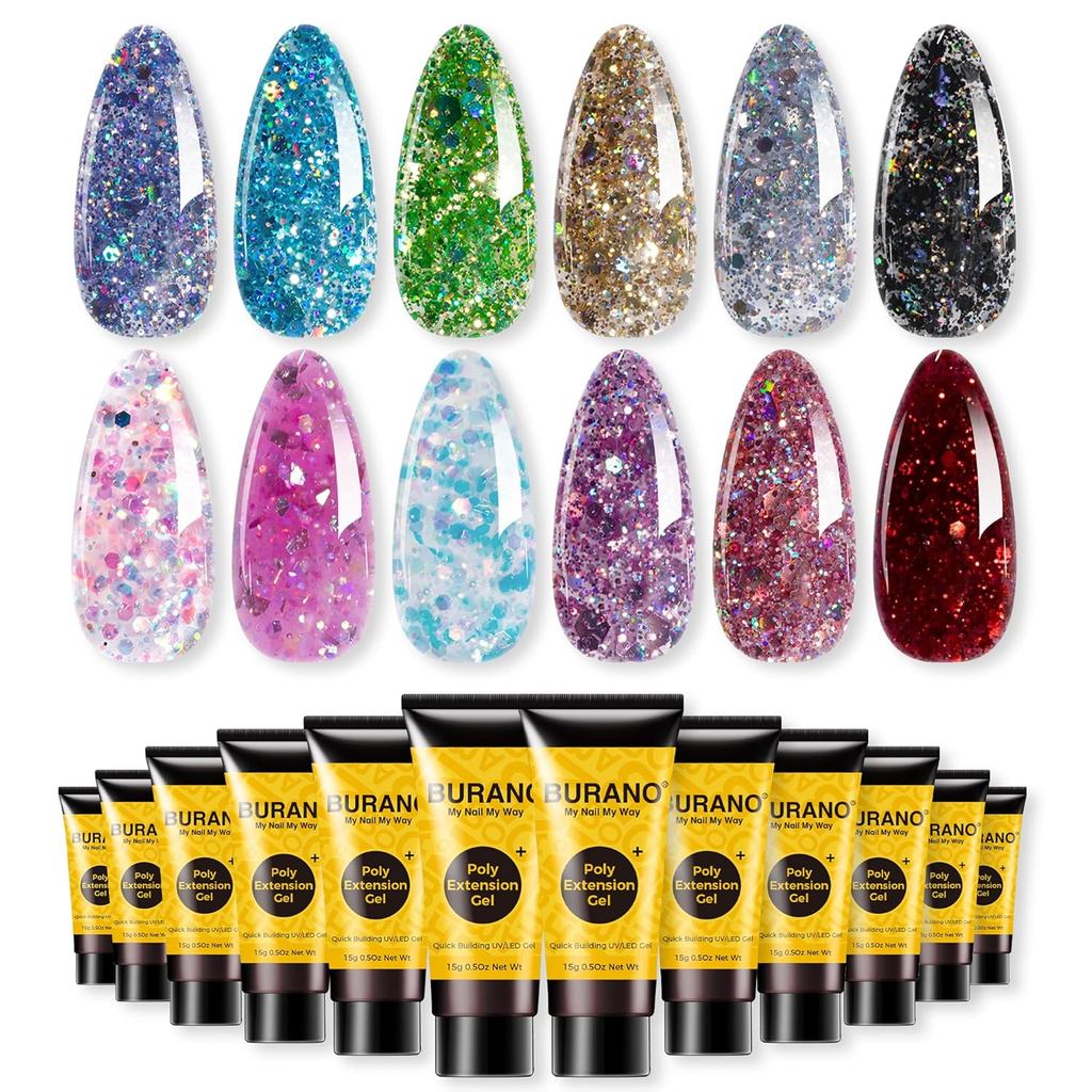 BURANO Poly Nail Gel Set, 12 สีเล็บ Poly Nails Extension Gel Kit สําหรับ Beginner Professional Salon