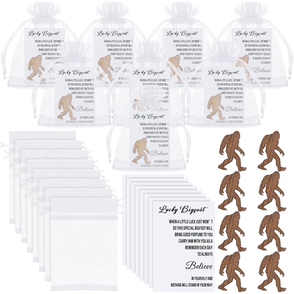 8 ชุด Lucky Bigfoot ไม้กระเป๋า Hug Token พร้อมการ์ดสร้างแรงบันดาลใจและ Organza กระเป๋า Bigfoot Party