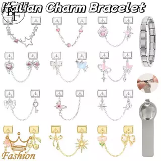 สร้อยข้อมือสแตนเลสสไตล์เรโทรพร้อมโบว์และcharm อิตาเลียน ขนาดพอดีข้อมือ สำหรับทำเองได้ง่ายๆ