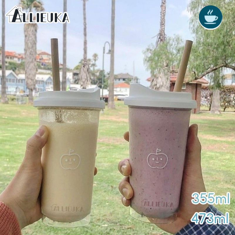 Allieuka ขวดพลาสติก ขวดน้ําพลาสติก ปลอด BPA  สไตล์เกาหลี ขนาด355/473 มล. นม กาแฟ น้ําผลไม้ โรงเรียน
