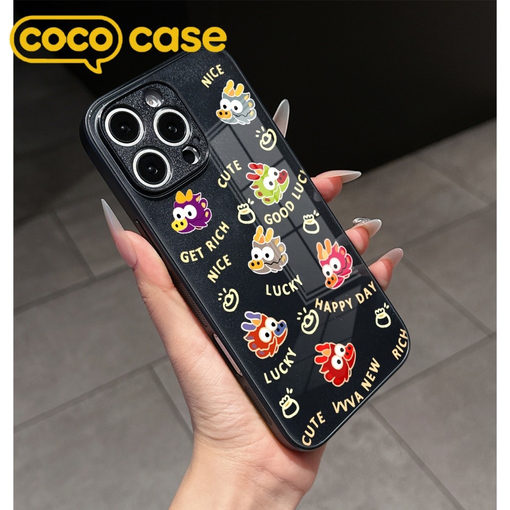 เคสไอโฟนกระจกนิรภัยสีดำ ลายหัวมังกรจีนสีสดใส 17/17Pro/17ProMax/16/16Pro/16ProMax/15/14/13