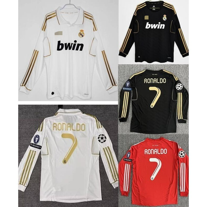 ใหม่ 2011 2012 Madrid Jersey Away แขนยาว Retro Soccer Jersey ฟุตบอลจริง Vintage CR7 เสื้อ