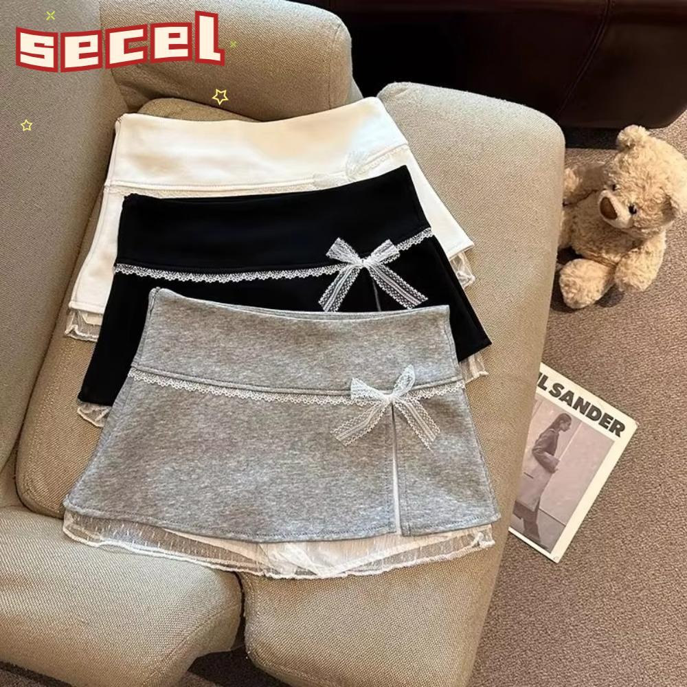 SECEL กระโปรงเอวสูงสไตล์ A-line สำหรับผู้หญิง ดีไซน์ยุค Y2K ลายลูกไม้ มีโบว์และระบาย เพอร์เฟคสำหรับฤดูร้อน