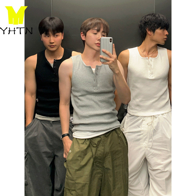 YHTN เสื้อยืดแขนกุดสไตล์เกาหลีสำหรับผู้ชาย ออกแบบพอดีตัว เหมาะสำหรับฤดูร้อนและการออกกำลังกาย