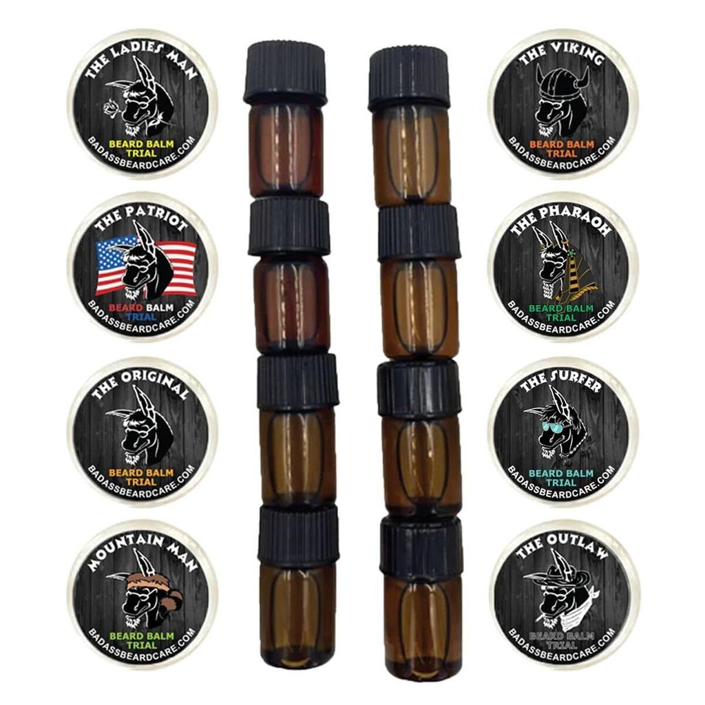 Badass Beard Care Trial Kit สําหรับผู้ชาย - 8 แพ็ค, ขนาดทดลองของ Beard Balm & Beard Oil