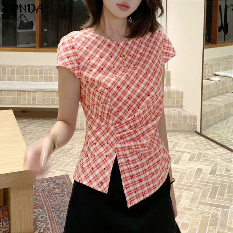 VONDA เสื้อลายพิมพ์สำหรับผู้หญิง สไตล์เกาหลี คอกลม แขนสั้น ขอบตัดไม่สม่ำเสมอ — صورة 5