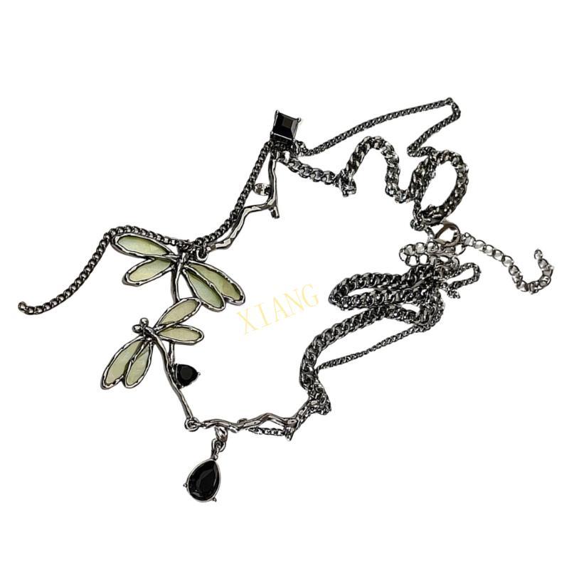 Elegant Gunmetal Odonate Pendant Necklace Unique Clavicle Chain Fashion Jewelry