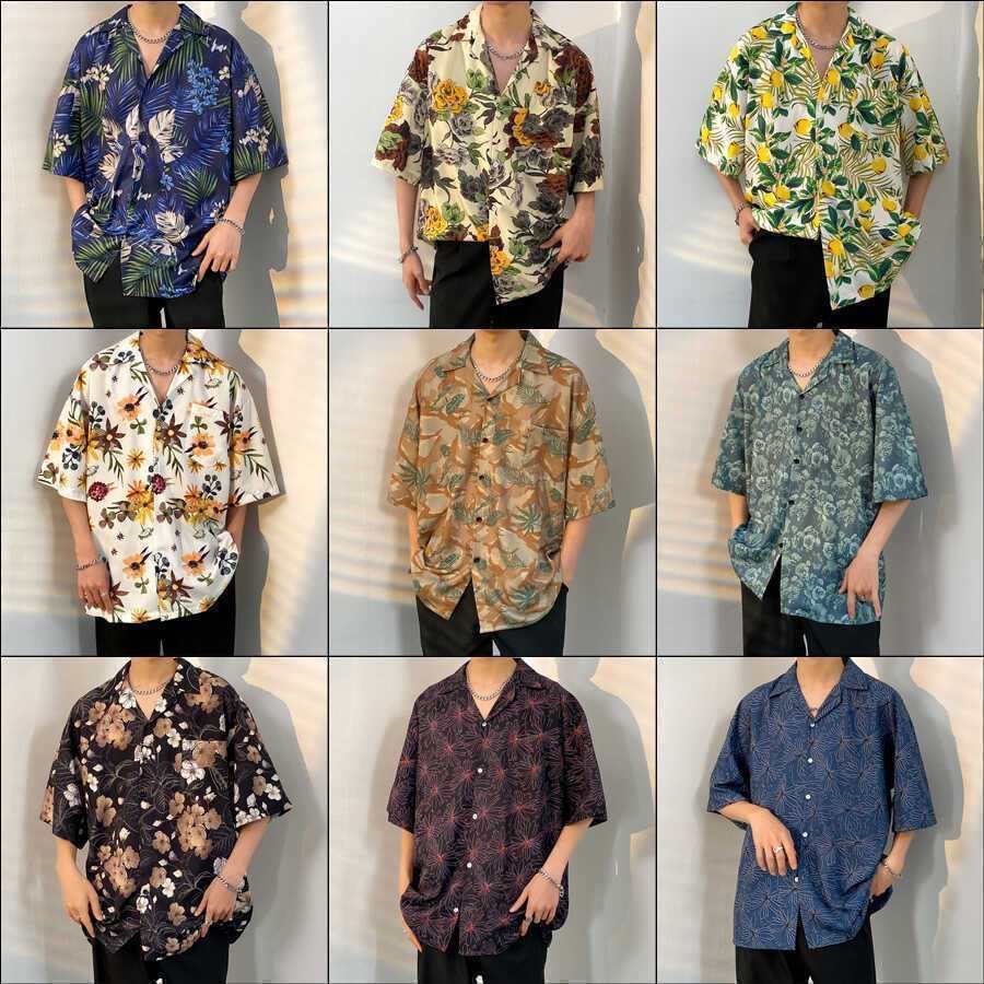 ริมทะเลแขนสั้นริมทะเลสไตล์ชายหาดคอคิวบาเสื้อทโวเคเรีย คนพาล เสื้อฮาวายวันหยุดดอกไม้ย้อนยุคหล่อหลวมผู