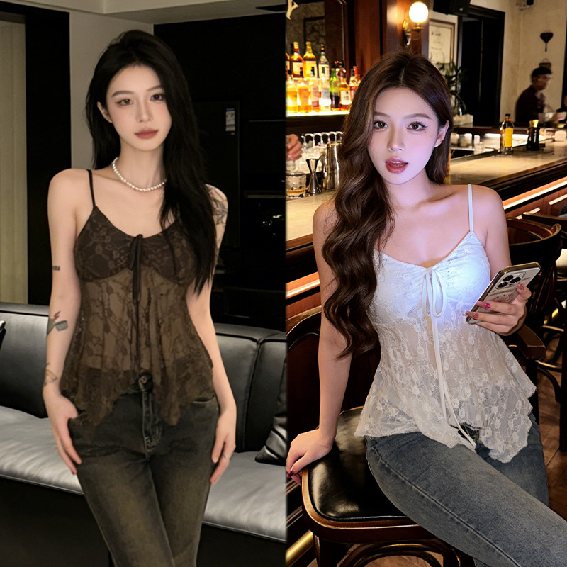🥭Evelyn🥭เสื้อแขนกุด สีพื้น ดีไซน์โบว์ผูก ผ้าลูกไม้โปร่งบางเบา ผ้านิ่ม เสื้อผู้หญิง สไตล์เกาหลี ใส่สบาย