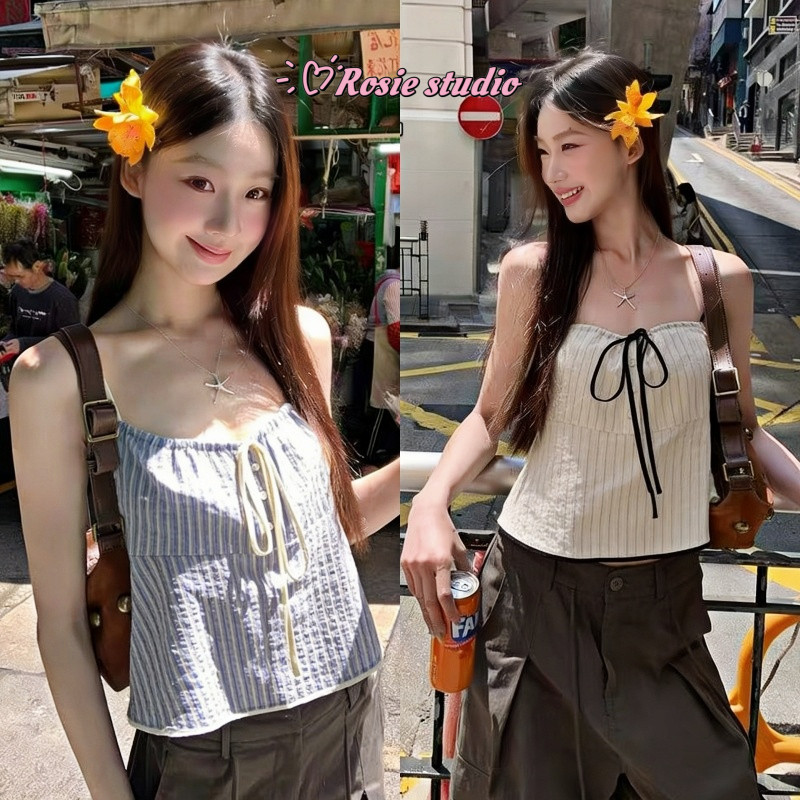 Rosie❄️พร้อมส่ง🤍เสื้อสายเดี่ยวสั้นสวยงาม ลายทางแนวตั้งคอนทราสต์ แต่งสายรัดที่สวยงาม สไตล์เรียบง่ายเหมาะกับทุกโอกาส