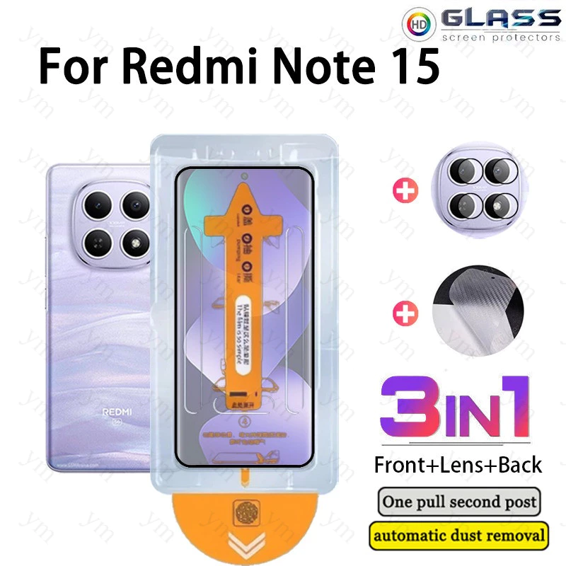 3 In 1 ฟิล์ม ฟิล์มกระจก Redmi Note 15 HD One-คลิกกระจกนิรภัยป้องกันหน้าจอฟิล์มคาร์บอนไฟเบอร์สําหรับRedmiหมายเหตุ15 14 13 15C 14C A5 A3 Pro Plus 4G 5Gกล้องเลนส์Protector