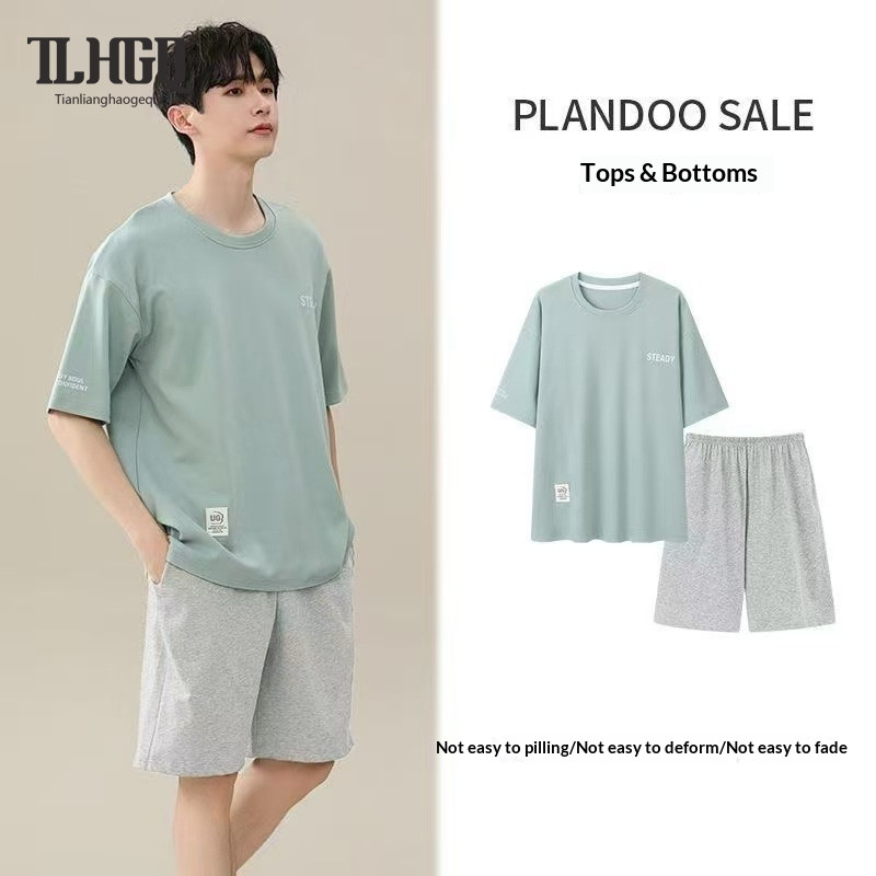 ชุดนอนผู้ชายชุดสูทชุดใส่ในบ้านคอกลมลําลองแบบบาง