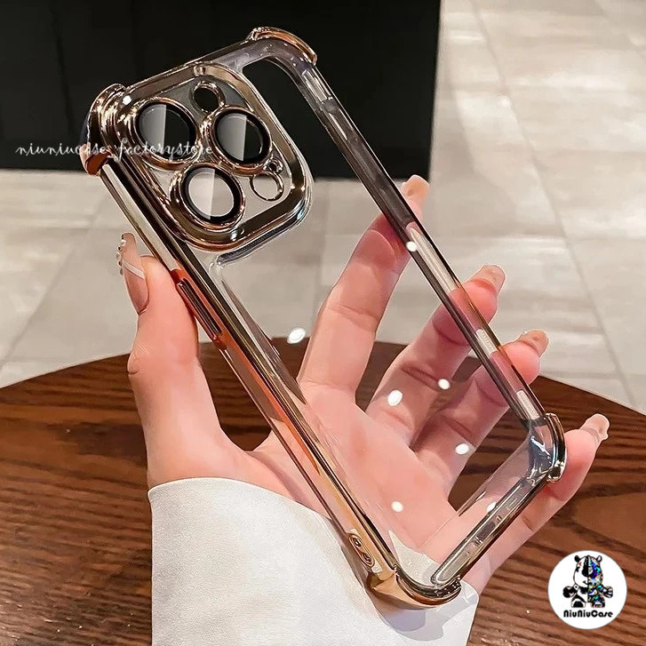 เคสไอโฟนโปร่งใสชุบเมทัลมุมถุงลมนิรภัยสไตล์หรูหรา ทนทาน For iPhone 15 16 17 11 12 13 14 Pro Max เคสป้องกันโทรศัพท์สวยงาม