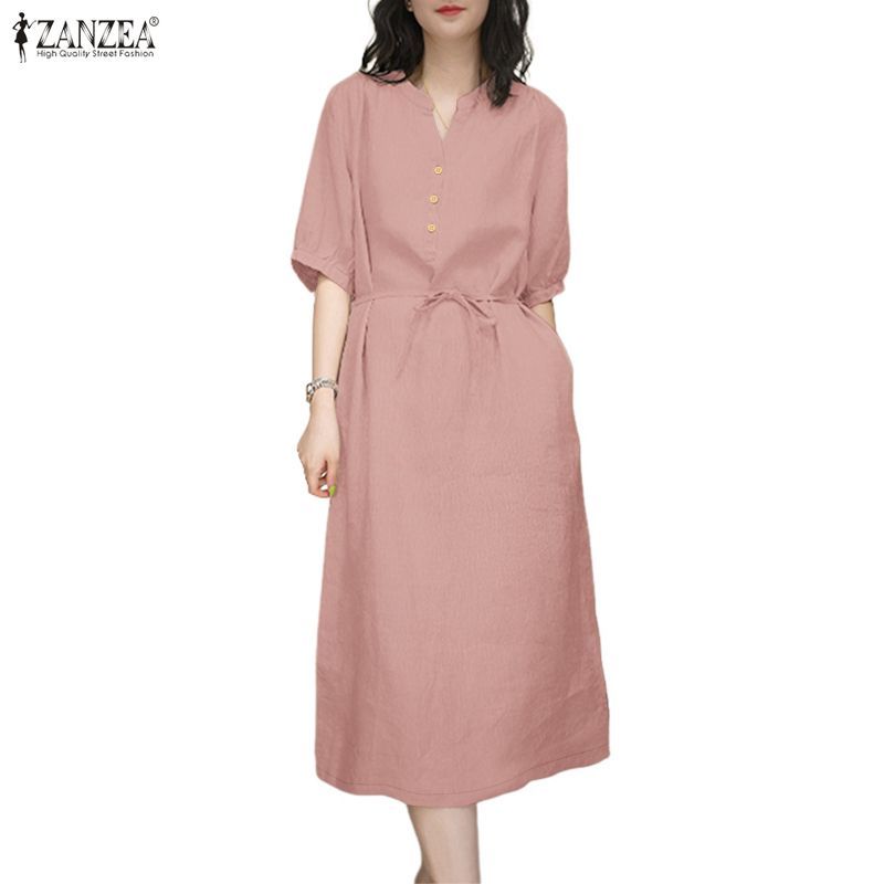 ZANZEA Celmia ชุดเดรสแบบคอวี สไตล์เกาหลีสำหรับผู้หญิง พร้อมกระเป๋าและเข็มขัด – โปรปัง