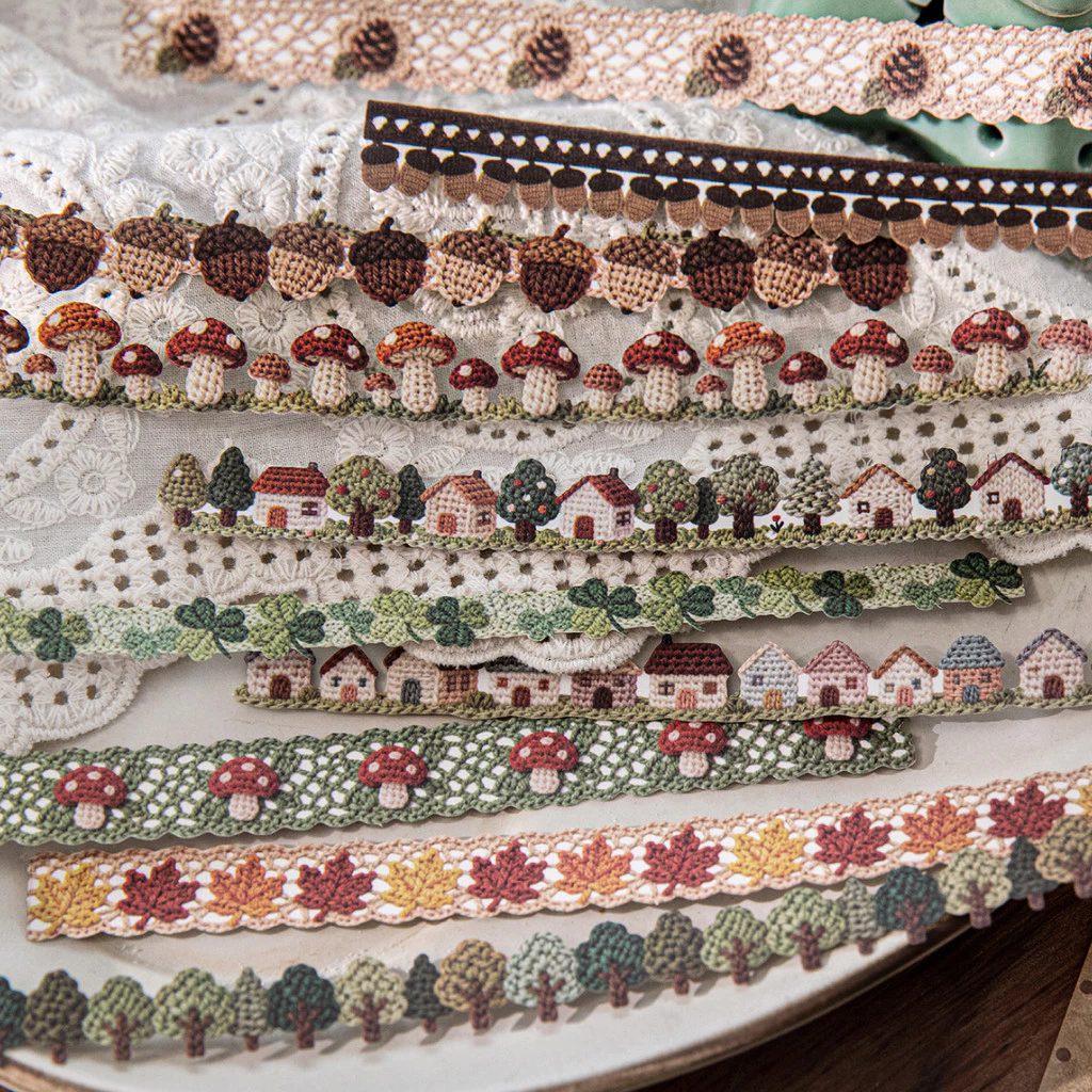 QOUZMO [Handcrafted Crocheted Collection] ชุดสติ๊กเกอร์แถบยาวแฮนด์เมดย้อนยุค | 20แผ่น/แพ็คสติกเกอร์กระดาษพื้นผิวสําหรับวารสารสมุดภาพ ทําเอง ตกแต่ง