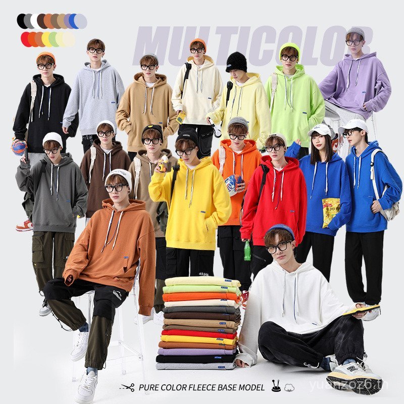 Urban Mens Wear Heavy Solid Color 340g Hooded Sweatshirt ผู้ชายผู้หญิงอินเทรนด์รอบคอคู่ S