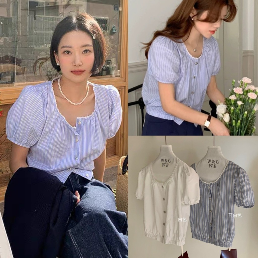 🤎 🤎 🇰🇷 W8947 เสื้อคอกลม ชายแขนและชายเสื้อแต่สมอคเล็กๆ งานแต่งกระดุมรูปหัวใจ  ผ้าดี  แฟชั่นเกาหลี TAG WG.WE ✈