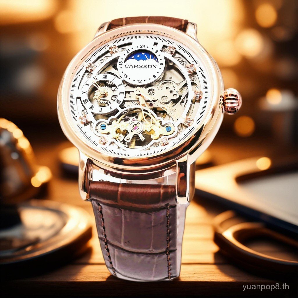 Swiss Carsedn Dual Time Zone Skeleton นาฬิกาผู้ชายนาฬิกากลไกธุรกิจนาฬิกาหนังแท้ Dual Time Zone GMT