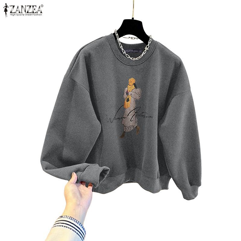 ZANZEA ซานเซีย ผู้หญิงเกาหลีฤดูหนาวถนนแฟชั่นคอกลมแขนยาวการ์ตูนกราฟิกพิมพ์เสื้อสวมหัวเสื้อ