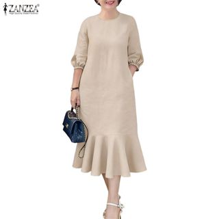 ZANZEA ชุดเดรสสไตล์เกาหลีสำหรับผู้หญิง แขนยาว 3/4 ตัดทอนทรง …