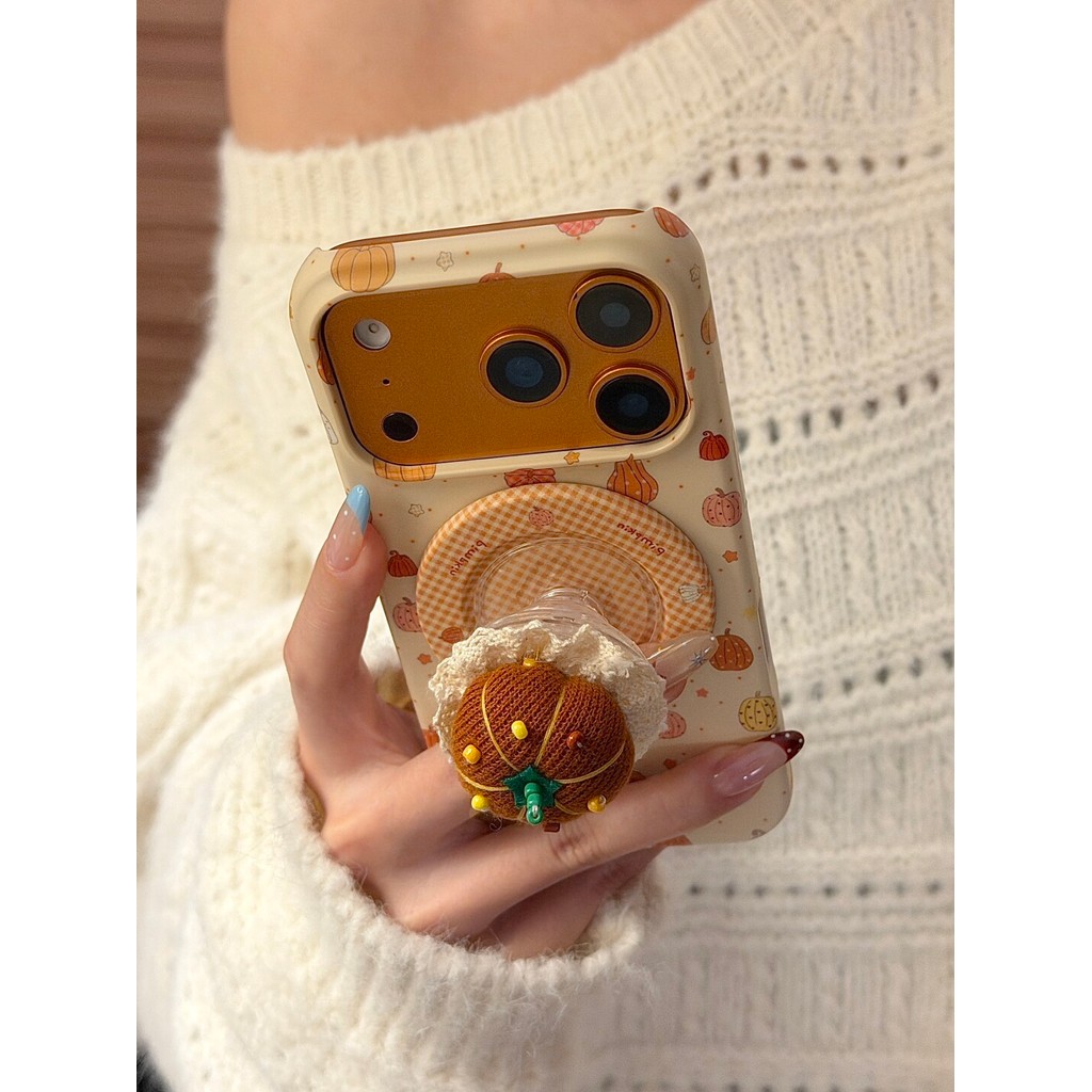 เคสโทรศัพท์แม่เหล็กพร้อมขาตั้งผ้าฟักทองทําด้วยมือสไตล์ขาตั้งในตัวเคสครึ่งบางสําหรับ IPhone 17 Pro Max 16 15