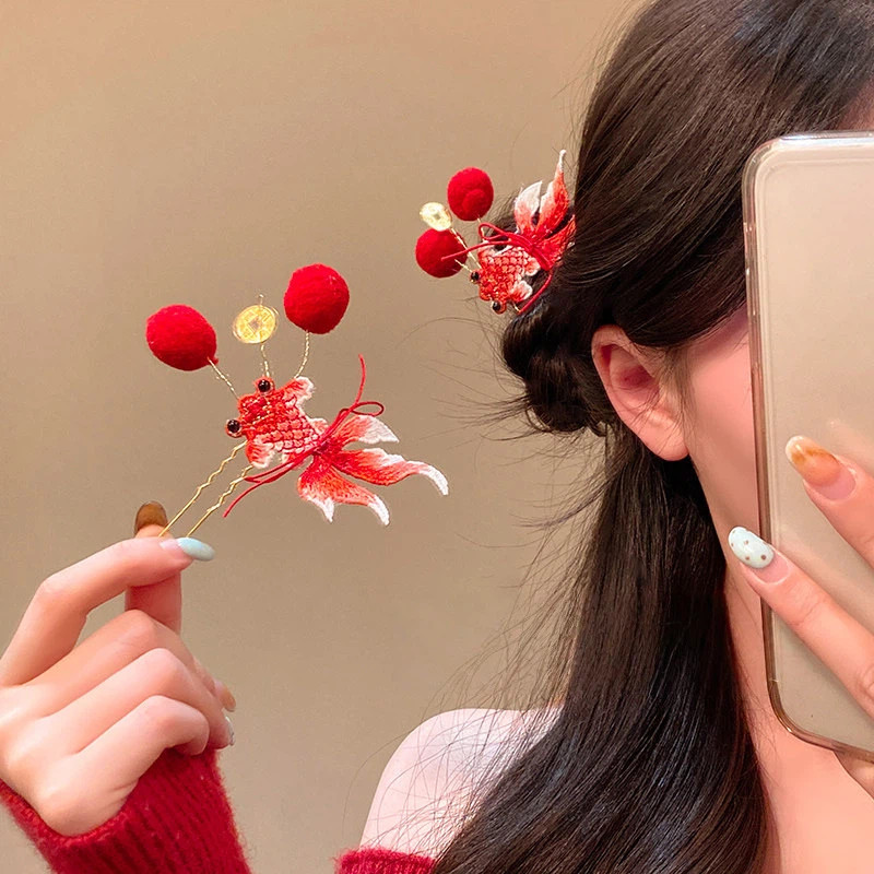 กิ๊บรูปแบบจีนสีแดง ออกแบบใหม่ สำหรับผู้หญิง พร้อมโบและผมบอล เหมาะสำหรับตรุษจีน