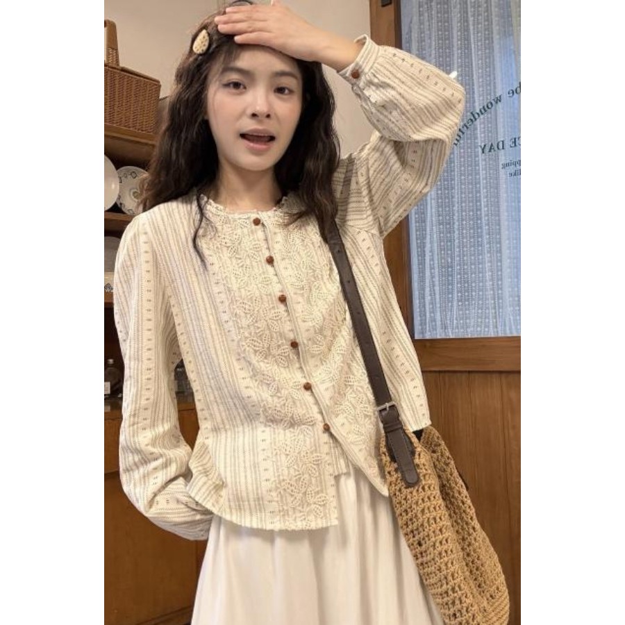 COD 2026 French Retro Lace Stitching Striped Shirt 2025 ฤดูใบไม้ผลิฤดูร้อนสไตล์ใหม่ Niche Design Wes