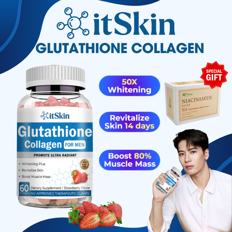 Itskin Glutathione Collagen Glow Gummies for Men Anti-Aging Skin Boost Health Strawberry