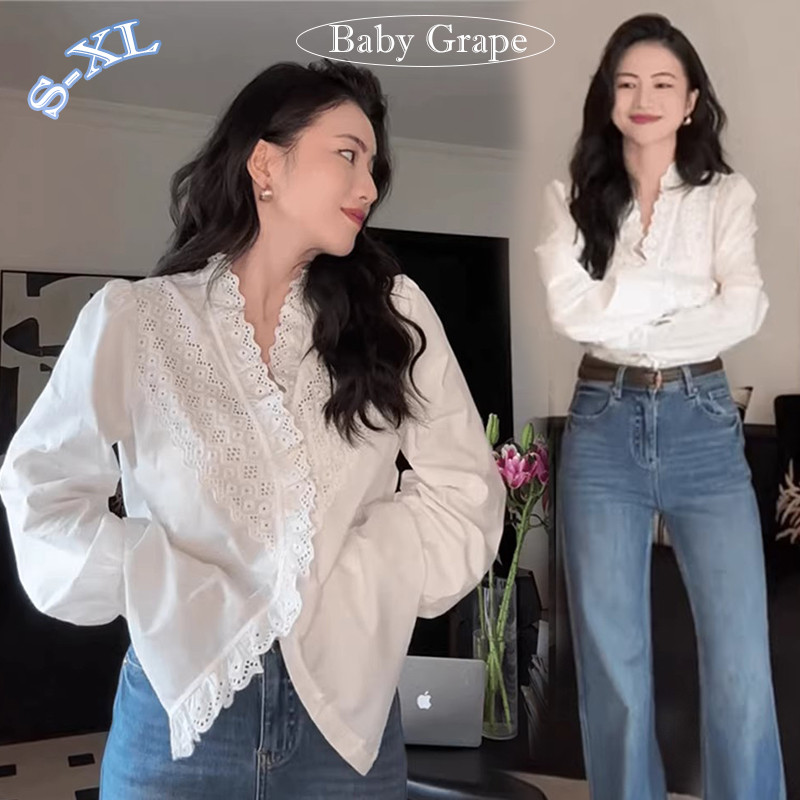 W546 BGเสื้อเบลาส์ลูกไม้ปักกลวงออกคอวีมีสไตล์ของผู้หญิง ดีไซน์หลวมและเพรียวบาง เหมาะสำหรับฤดูใบไม้ร่วงที่ยาวนาน