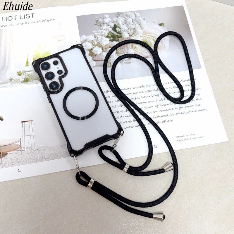 CD กรณีแม่เหล็กสําหรับ Samsung Galaxy S25 FE S24 Ultra S22 S23 Plus A56 A36 กันกระแทกสี่มุม Crossbody สายคล้อง Lanyard ฝาครอบ