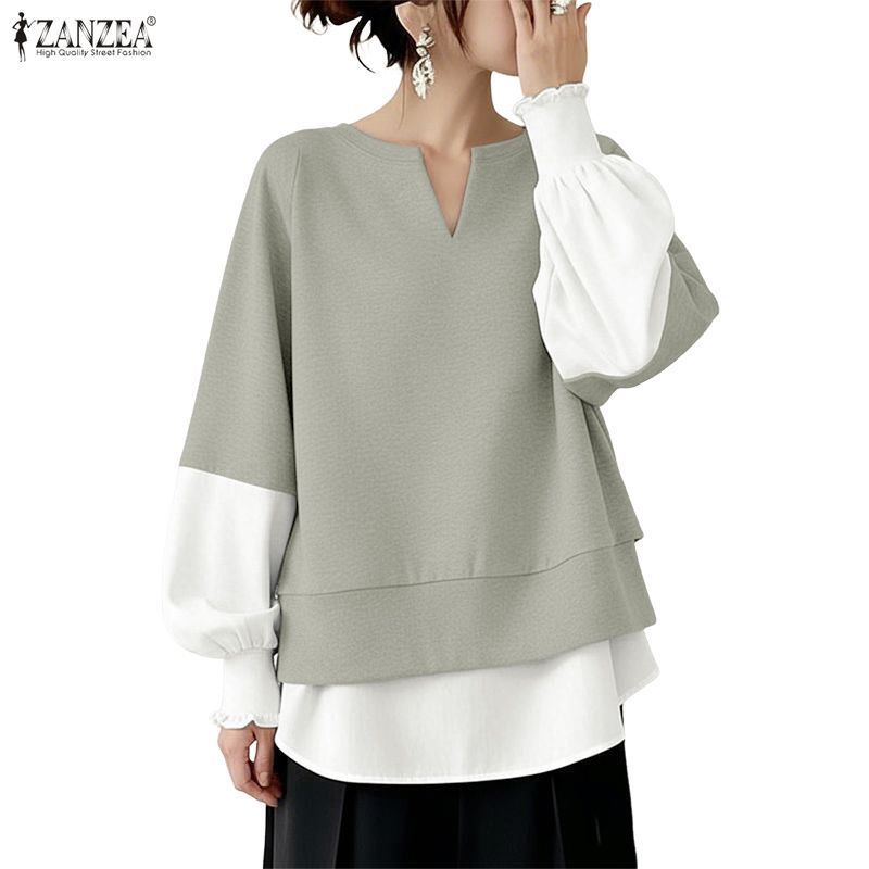 ZANZEA เสื้อพัทเวิร์คคอนทราสต์สไตล์เกาหลีสำหรับผู้หญิง เสื้อปูลโอเวอร์)V-neck สำหรับฤดูหนาว