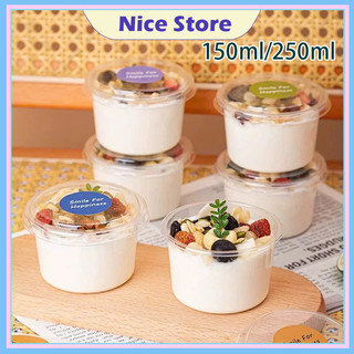 NICE 50PCS รูปวงกลม กล่องพลาสติกโปร่งใส กล่องมูสเค้ก ชีสเค้ก กล่องลูกอม ถ้วยโยเกิร์ต แพ็ค หนา แข็งแรง 150/250มล