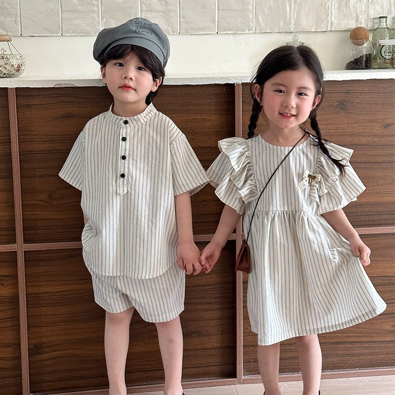 พร้อมส่ง ❤️ชุดเด็กลายทาง ชุดพี่-น้อง เด็กผู้ชาย ลายทางคอกลม+ชุดสาวลายทาง ใส่สบาย ดูดี