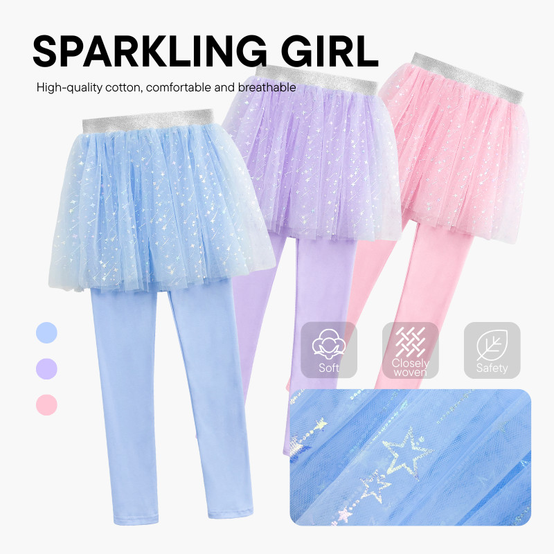 สาวเจ้าหญิงกระโปรงกางเกง Gold Star ตาข่าย Fluffy ชั้น 2-in-1 ออกแบบชุด Legging แปรง Modal High-Elastic Breathable เด็กกางเกง