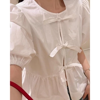 ❤easy❤ผู้หญิง ฝรั่งเศส โบว์ ผูกขึ้น เสื้อแขนสั้น เสื้อเชิ้ต สายรัด แขนพอง ตัวเล็ก เสื้อ