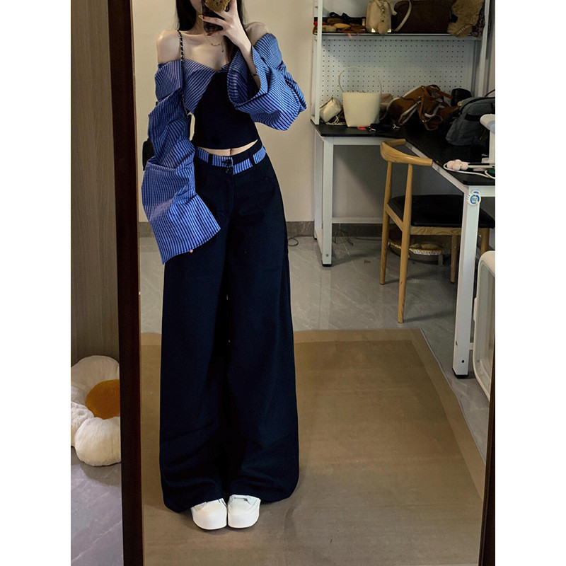 Retro Contrast สีไหล่เดียวลายเย็บเสื้อแขนยาวผู้หญิงฤดูใบไม้ผลิ Preppy สไตล์ Casual Classy กางเกงขากว้างชุด