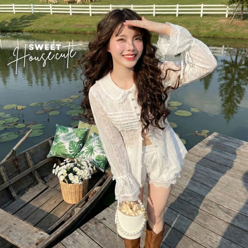 🧸 SweetHouse #701 🌻(ผ้าบาง) ชุดเซตเสื้อเชิ้ตคอบัวแขนยาว ผ้า Rossy แต่งระบายลูกไม้ฉ่ำๆ + กางเกงบอลลูนระบายลูกไม้เข้าเซ... รูปที่ 4