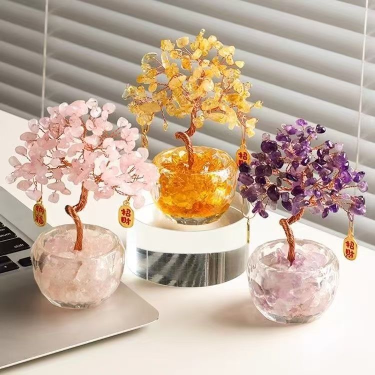 ต้นไม้คริสตัลนำโชค ต้นไม้เงินต้นไม้ทอง หินคริสตัลธรรมชาติ สีเหลือง สีม่วง สีชมพู เสริมฮวงจุ้ย เรียกทรัพย์ กักเก็บโชคลาภ ของแต่งบ้าน ตกแต่งโต๊ะทำงาน ตู้โชว์ ออฟฟิศ เครื่องประดั