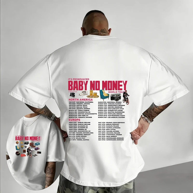 แร็ปเปอร์ Bbno$It's Pronunciation Baby No Money World Tour เสื้อยืดแฟชั่นฮิปฮอปผู้ชาย พิมพ์ 100% ผ้า