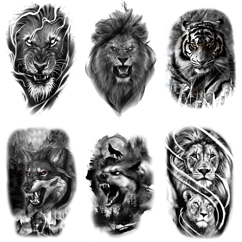 TBS Dark Black Animal Elements Wolf Lion Water Transfer สติ๊กเกอร์รอยสักจําลอง A9BF