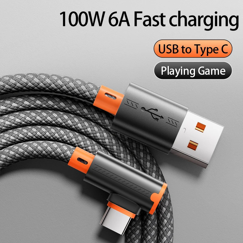 สายชาร์จและข้อมูล USB to Type C 100W 6A ชาร์จเร็ว ข้อศอก – สำหรับเล่นเกม สำหรับ Samsung S24 Huawei P40 Xiaomi P40 Oneplus โทรศัพท์ Android
